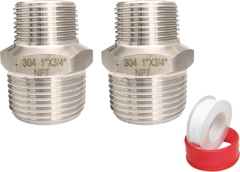 POTONZ 1" Male x 3/4" Male NPT Threaded Reducing Hex Nipple ，304 Stainless Steel Reducing Pipe Fitting Nipple Adapter With Teflon Plumbers Tape (Pack of 2) - Image 1